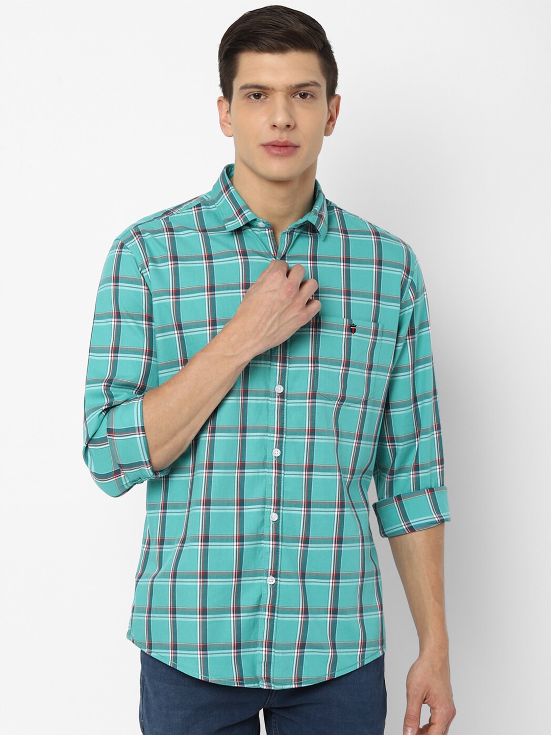 

Louis Philippe Jeans Men Green Slim Fit Tartan Checks Checked Casual Shirt