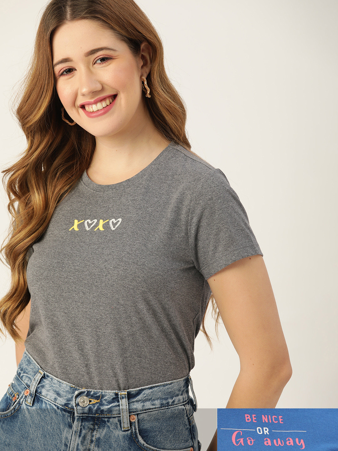 

DressBerry Women Pack of 2 Typography Print T-shirts, Grey melange