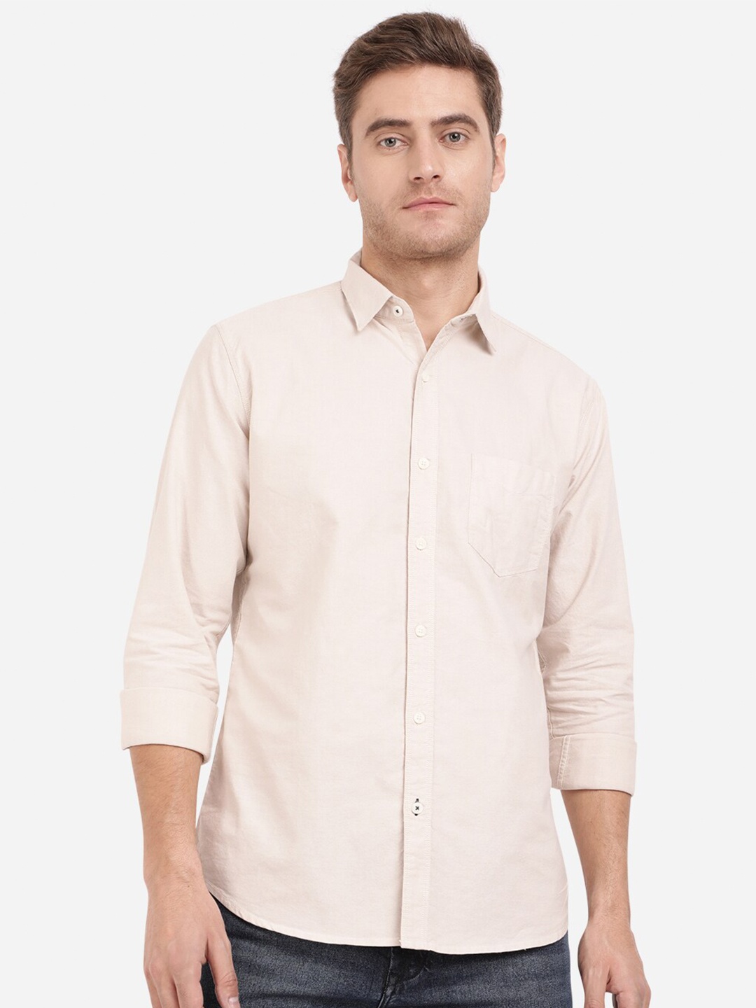 

JADE BLUE Cream-Coloured Slim Fit Casual Shirt