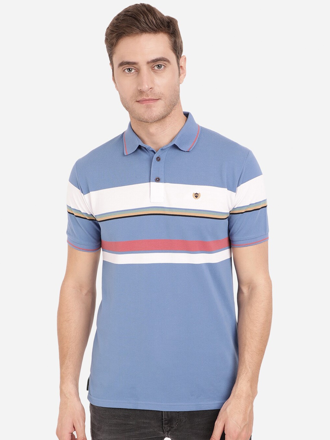 

JADE BLUE Men Blue Striped Polo Collar Pure Cotton Applique Slim Fit T-shirt