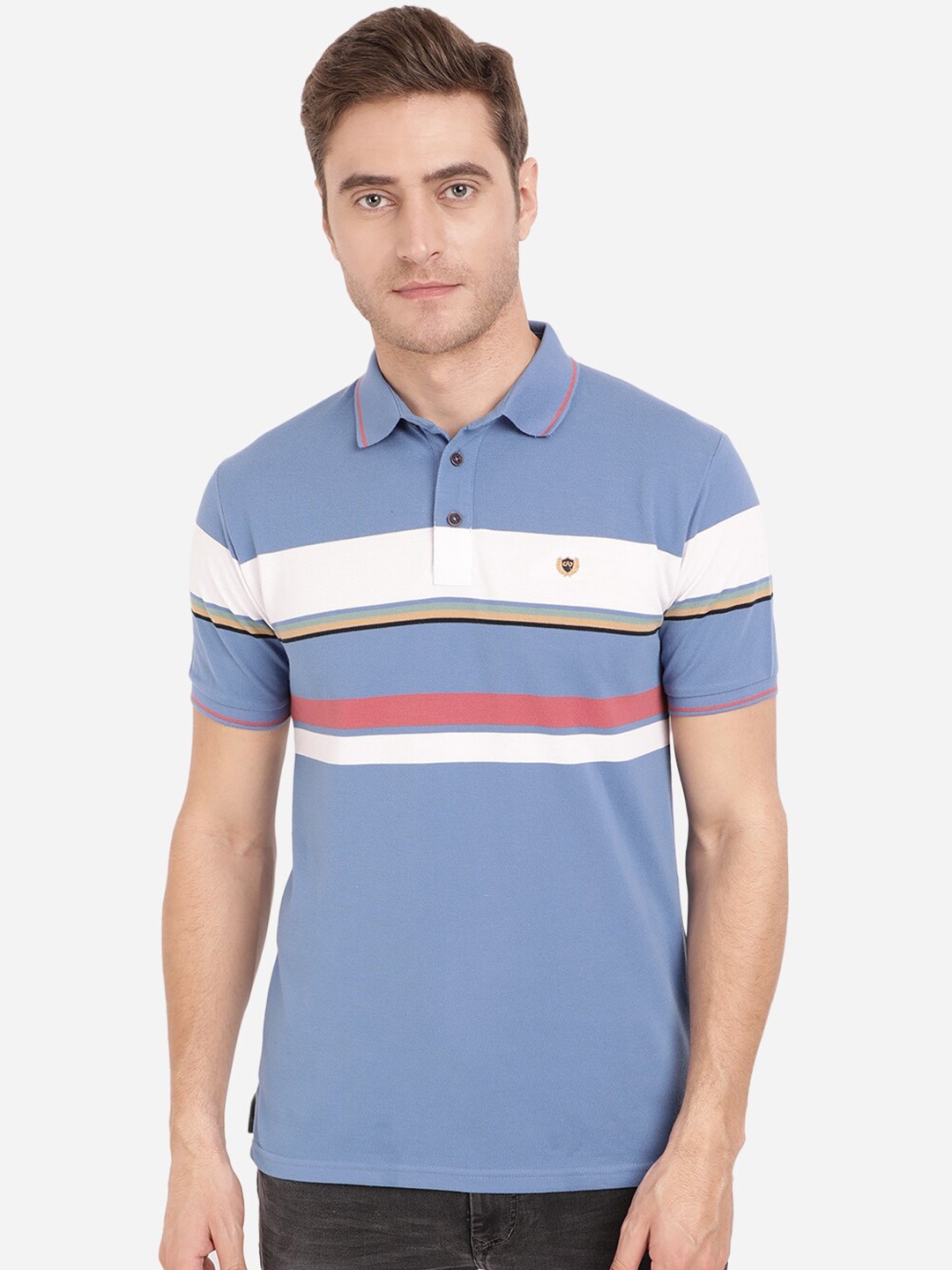 

JADE BLUE Men Blue Striped Polo Collar Pure Cotton Applique Slim Fit T-shirt