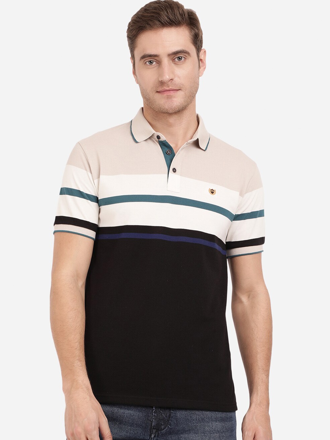 

JADE BLUE Men Beige Striped Polo Collar Pure Cotton Applique Slim Fit T-shirt