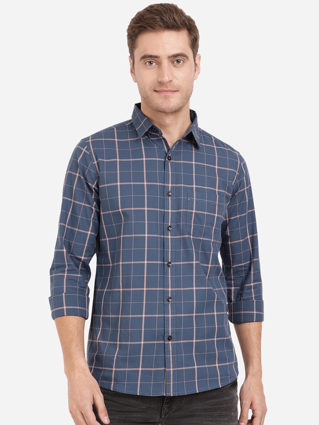

JADE BLUE Men Blue Slim Fit Checked Pure Cotton Casual Shirt