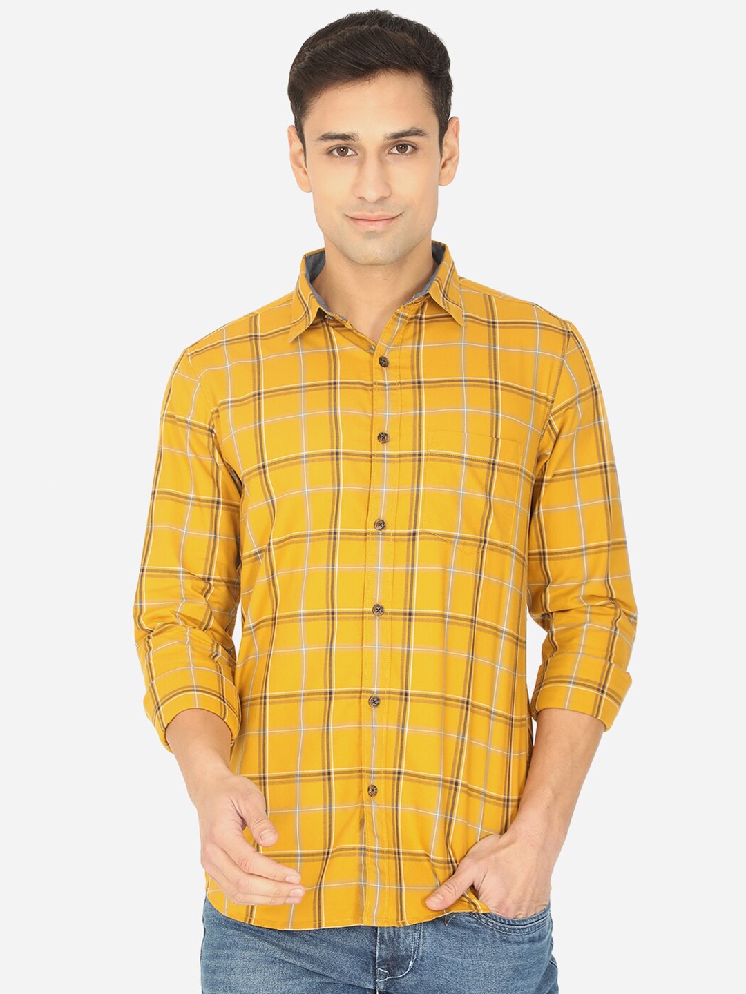 

JADE BLUE Men Yellow Slim Fit Tartan Checked Casual Shirt