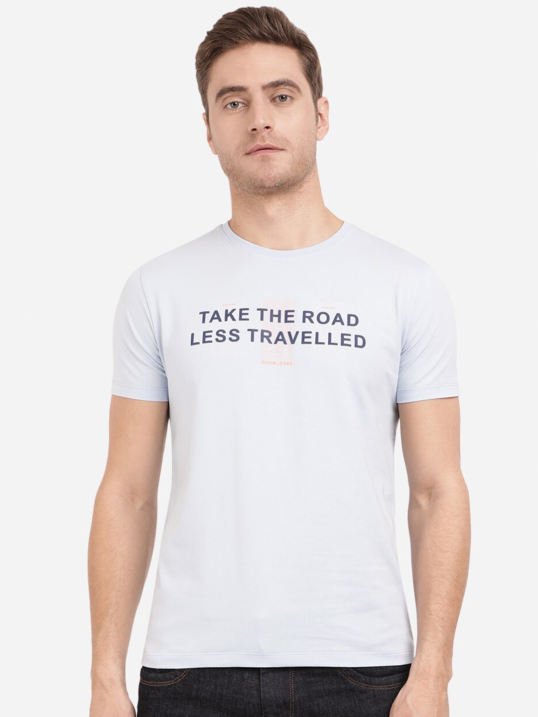 

JADE BLUE Men Blue Typography Printed Pure Cotton Slim Fit T-shirt