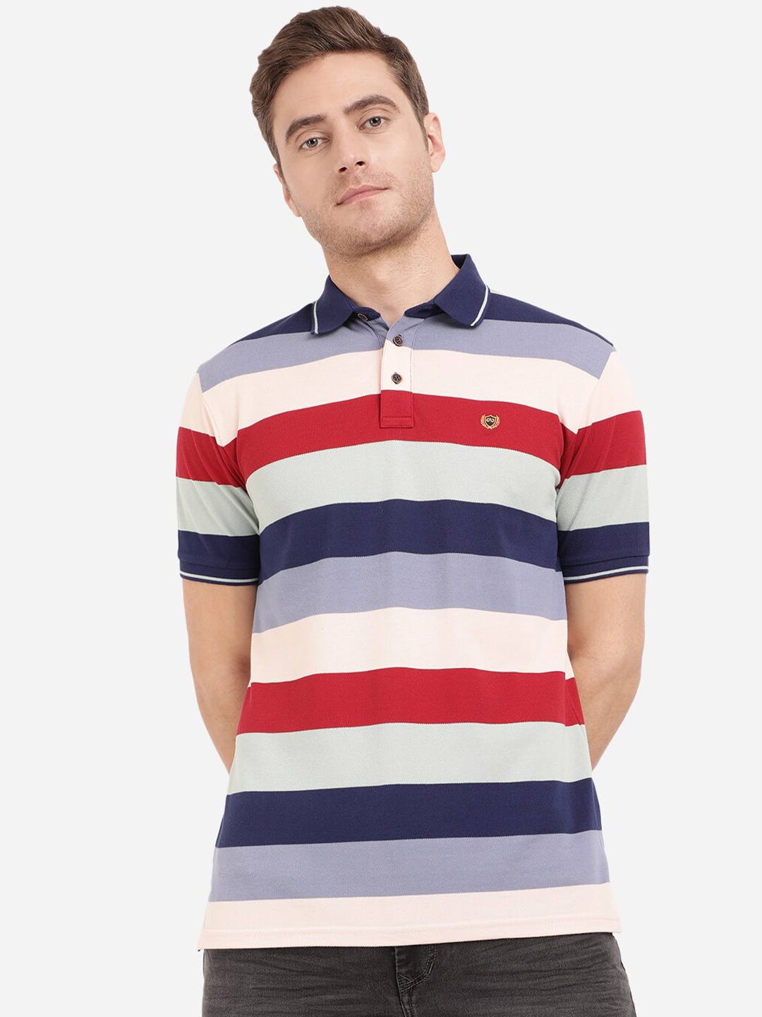 

JADE BLUE Men Multicoloured Striped Polo Collar Pure Cotton Slim Fit T-shirt, Multi
