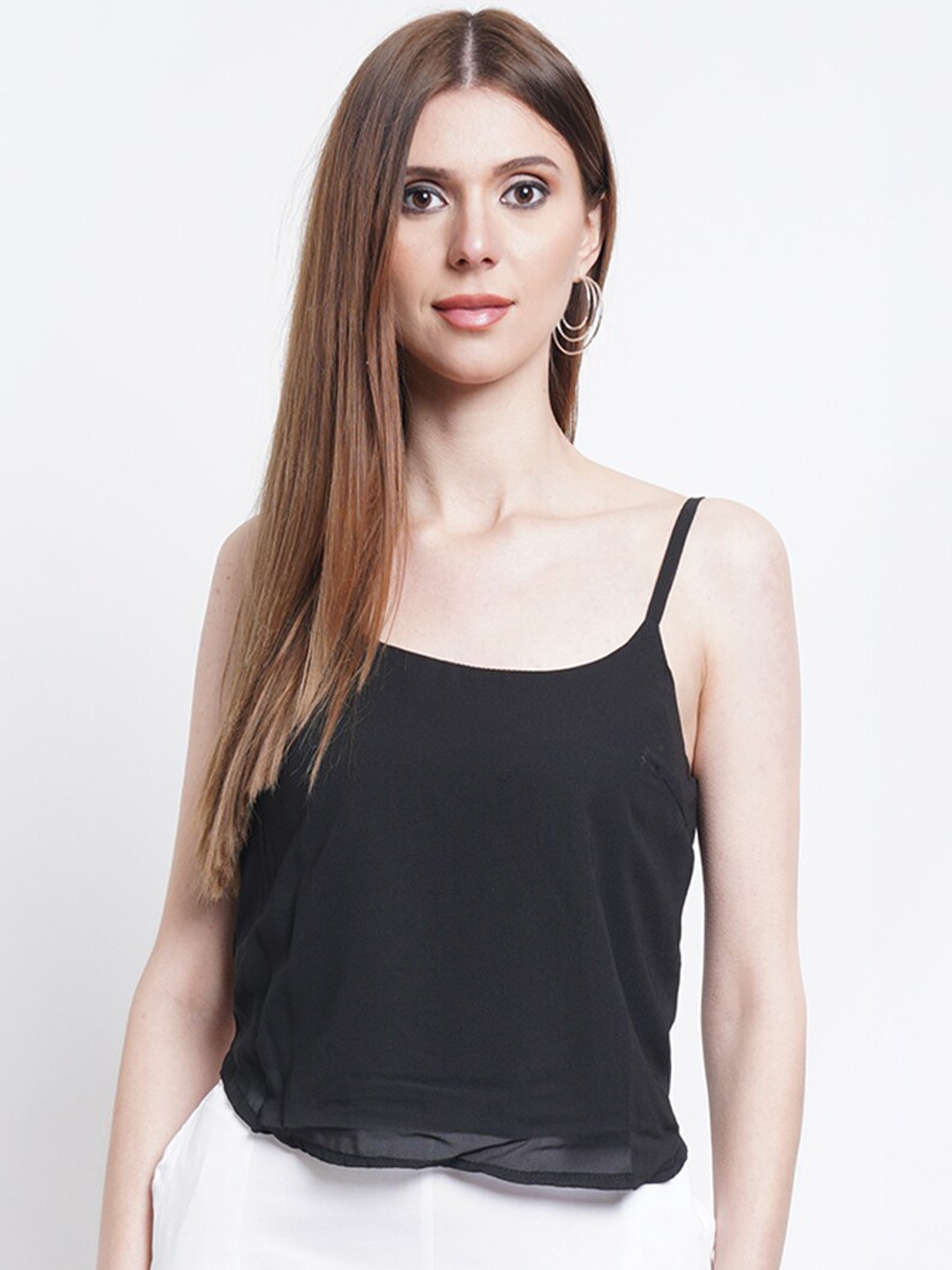 

WESTCLO Women Black Solid Shoulder Straps Crop Top
