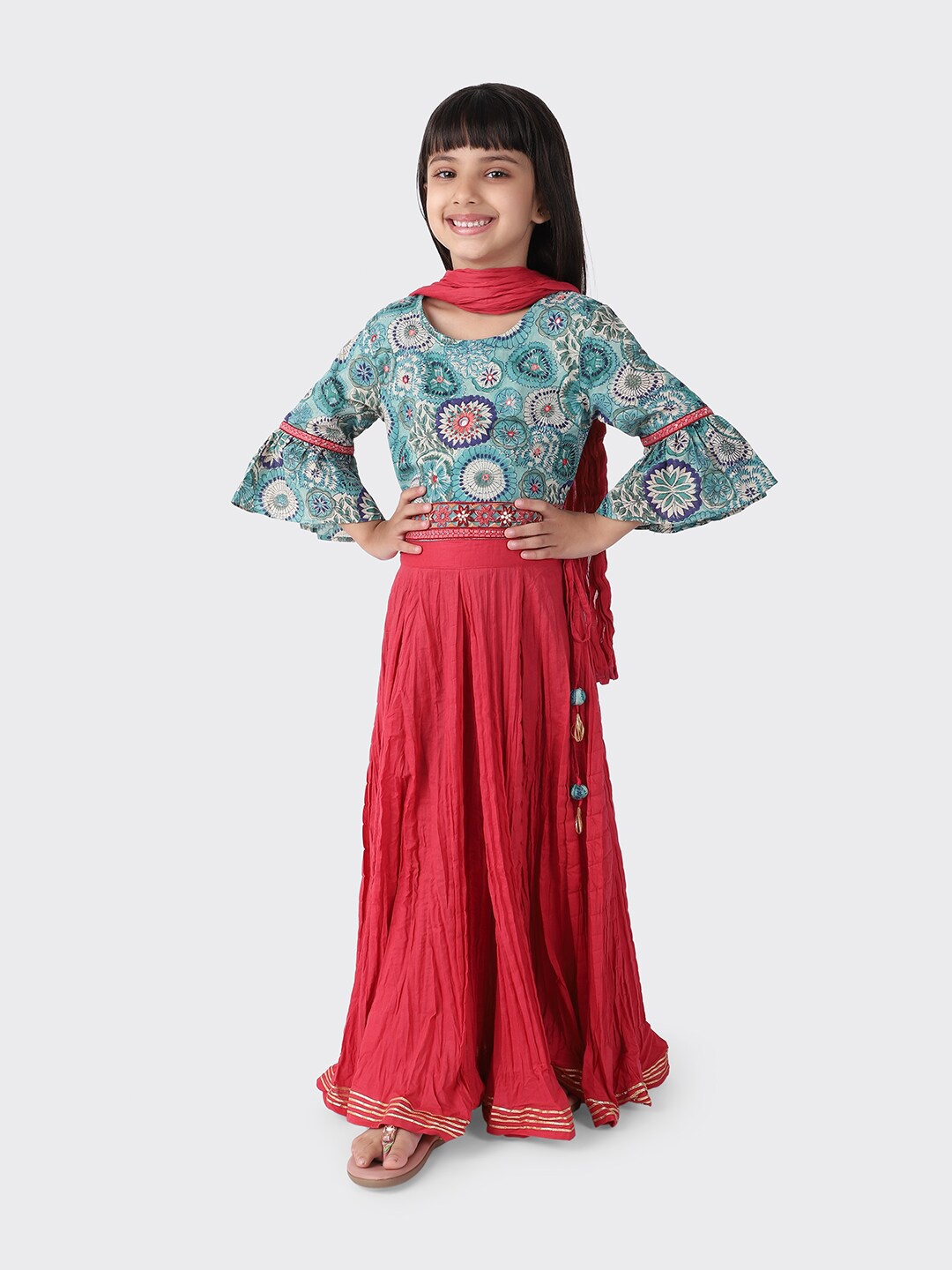 

Fabindia Girls Green & Red Printed Cotton Ready To Wear Lehenga Choli with Dupatta