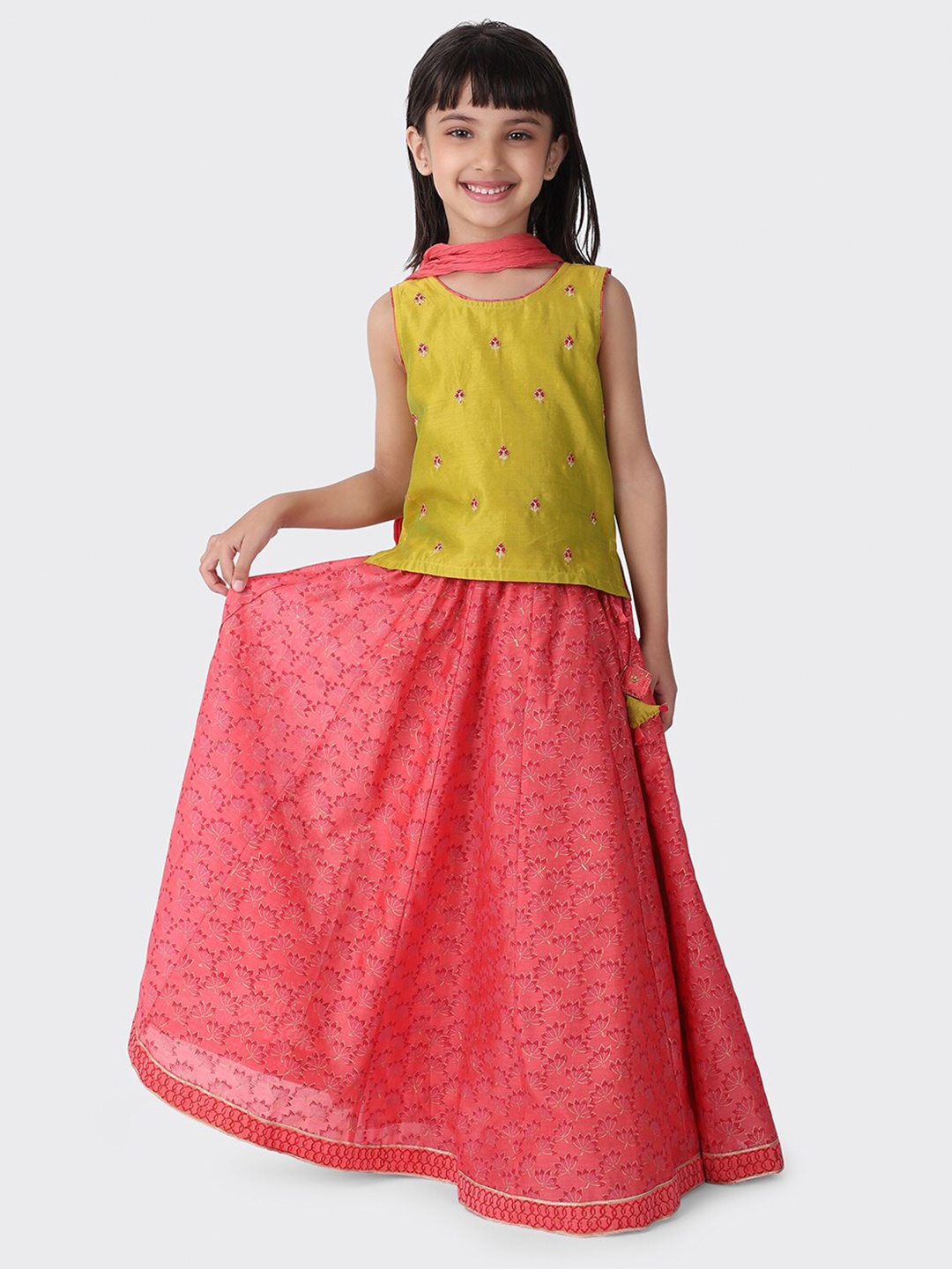 

Fabindia Girls Pink & Lime Green Cotton Ready to Wear Lehenga & Blouse With Dupatta