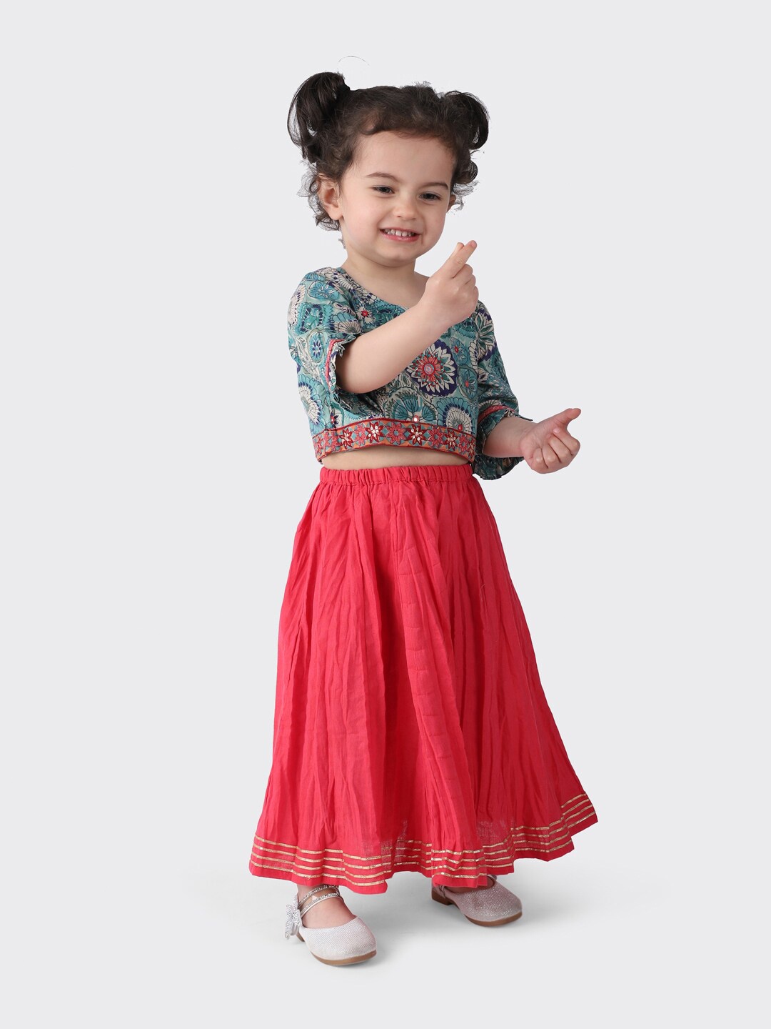 

Fabindia Girls Green & Pink Printed Ready to Wear Cotton Lehenga Choli