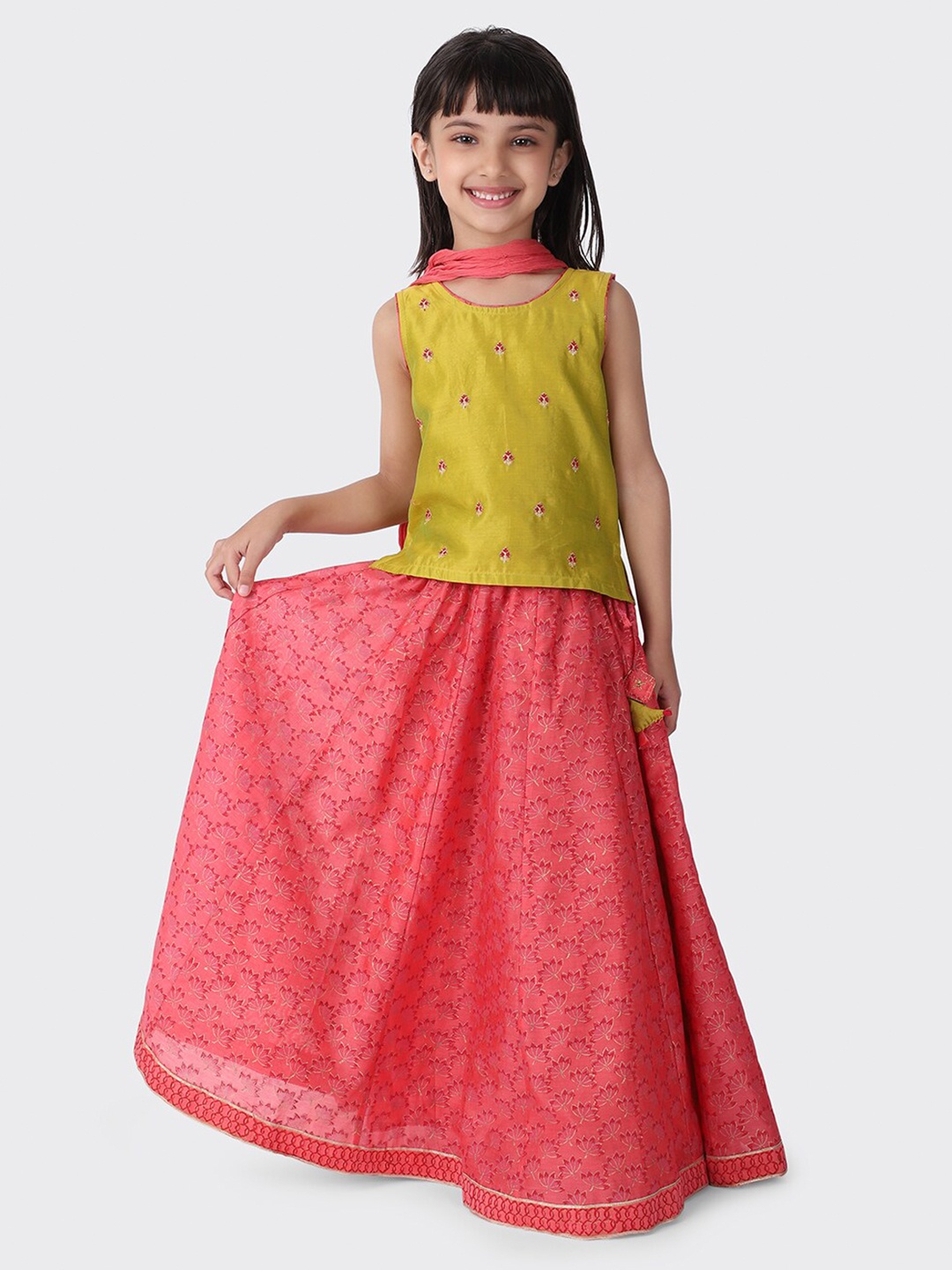 

Fabindia Girls Pink & Lime Green Embroidered Cotton Lehenga Choli With Dupatta