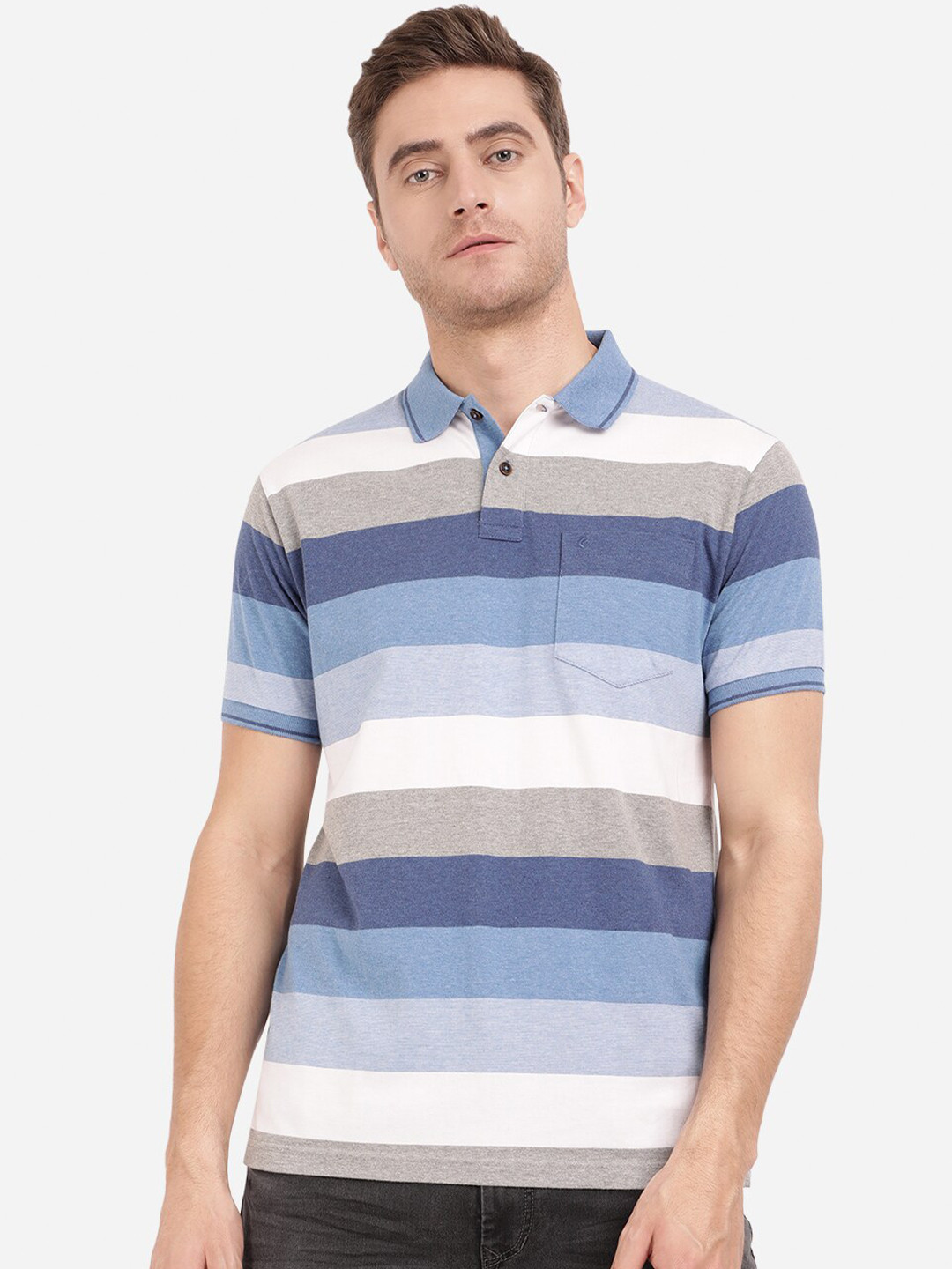 

Greenfibre Men Blue Striped Polo Collar Slim Fit T-shirt