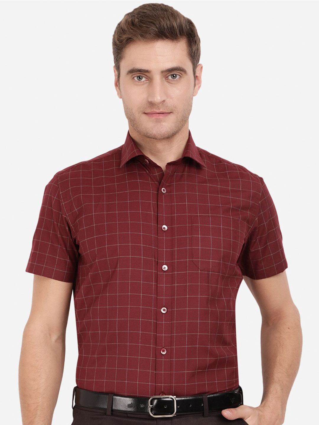 

Greenfibre Men Maroon Regular Fit Grid Tattersall Checks Checked Formal Shirt