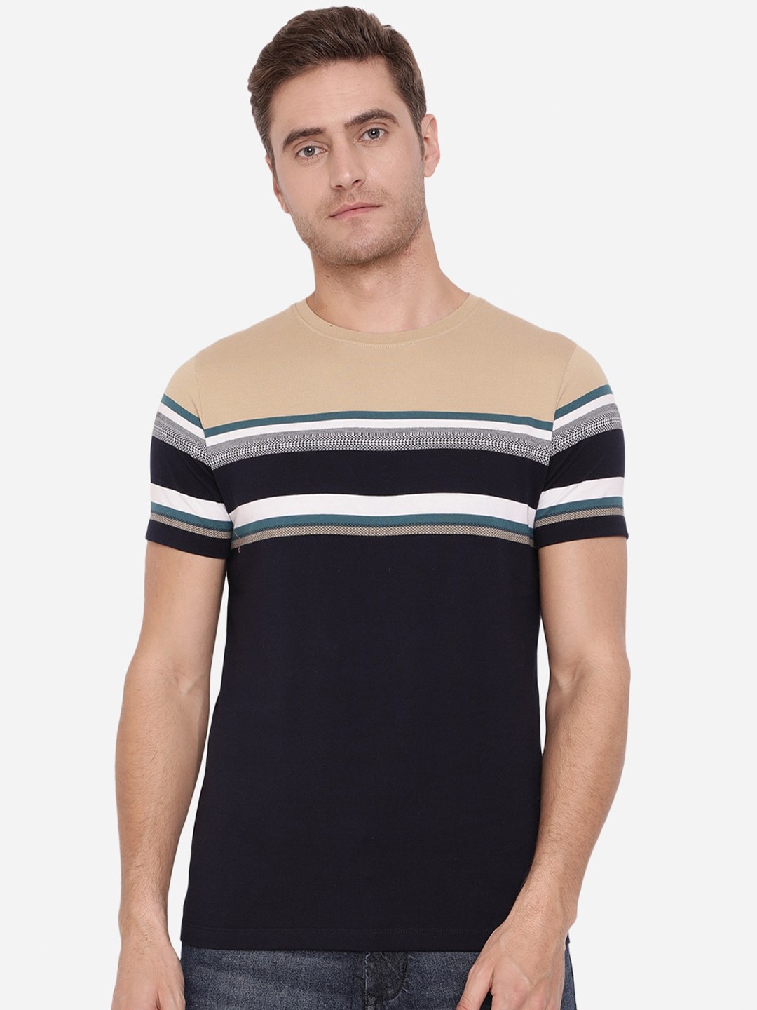 

Greenfibre Men Blue Striped Applique Slim Fit T-shirt