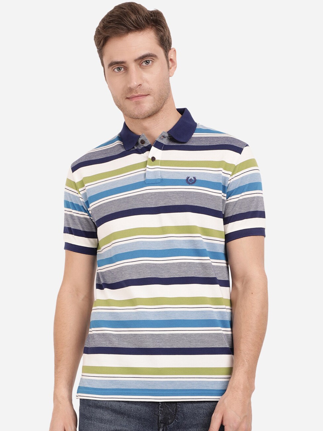 

Greenfibre Men Multicoloured Striped Polo Collar Slim Fit T-shirt, Multi