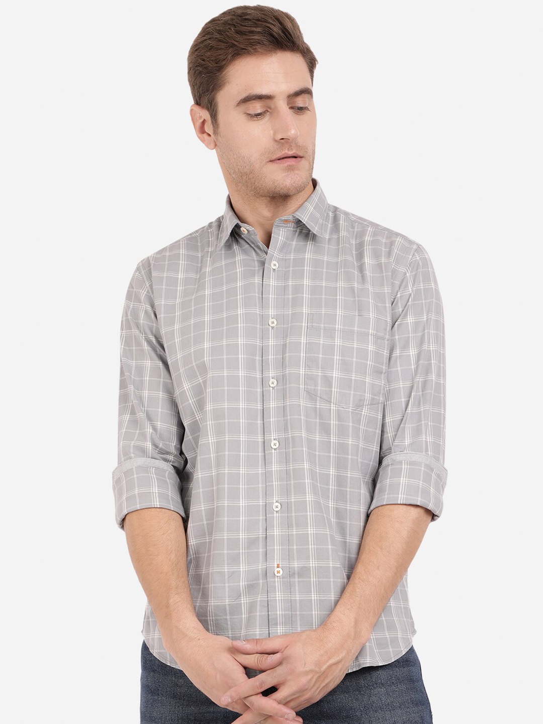 

Greenfibre Men Grey Slim Fit Tartan Checks Cotton Casual Shirt