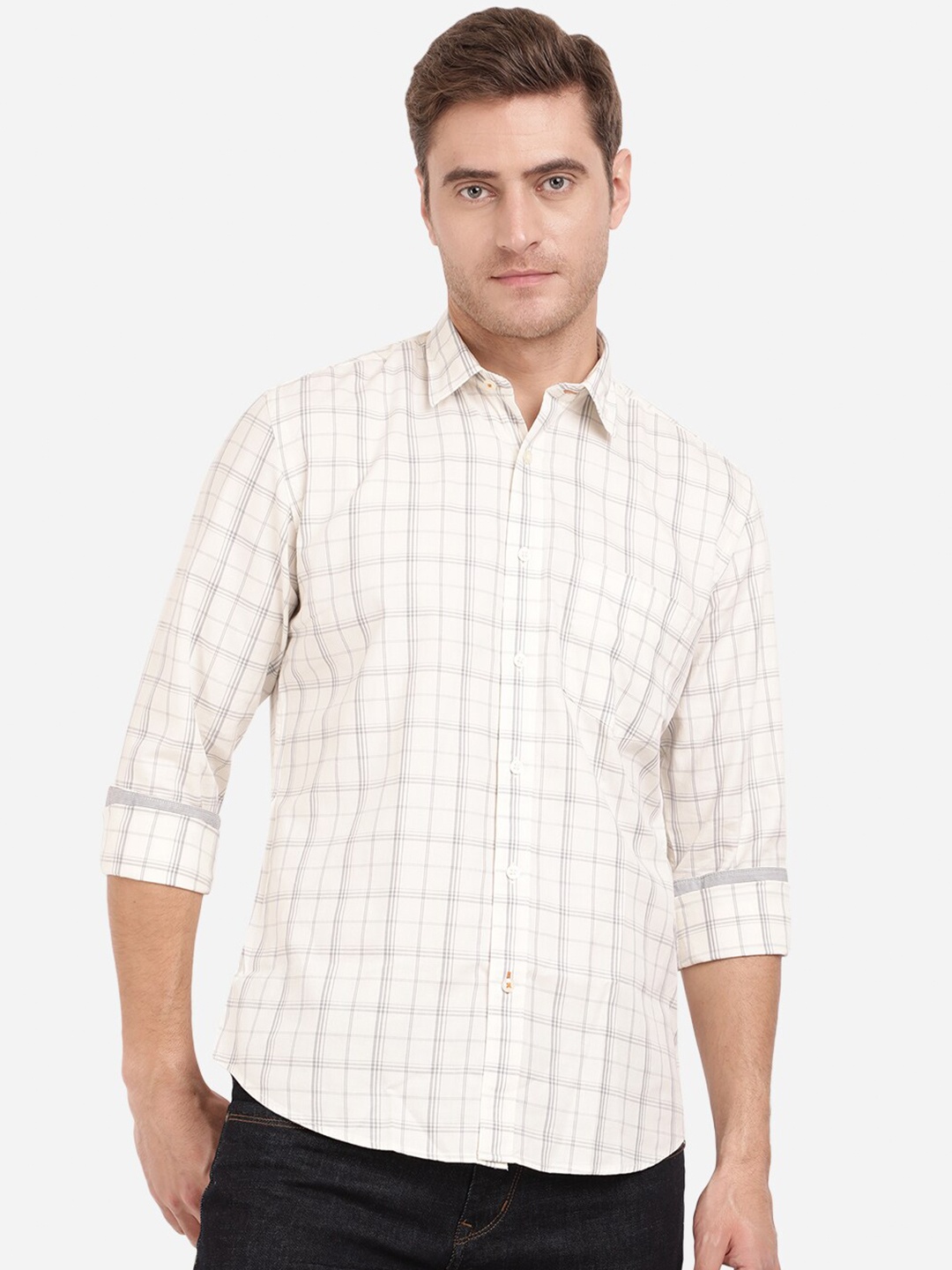 

Greenfibre Men White Slim Fit Checked Cotton Casual Shirt