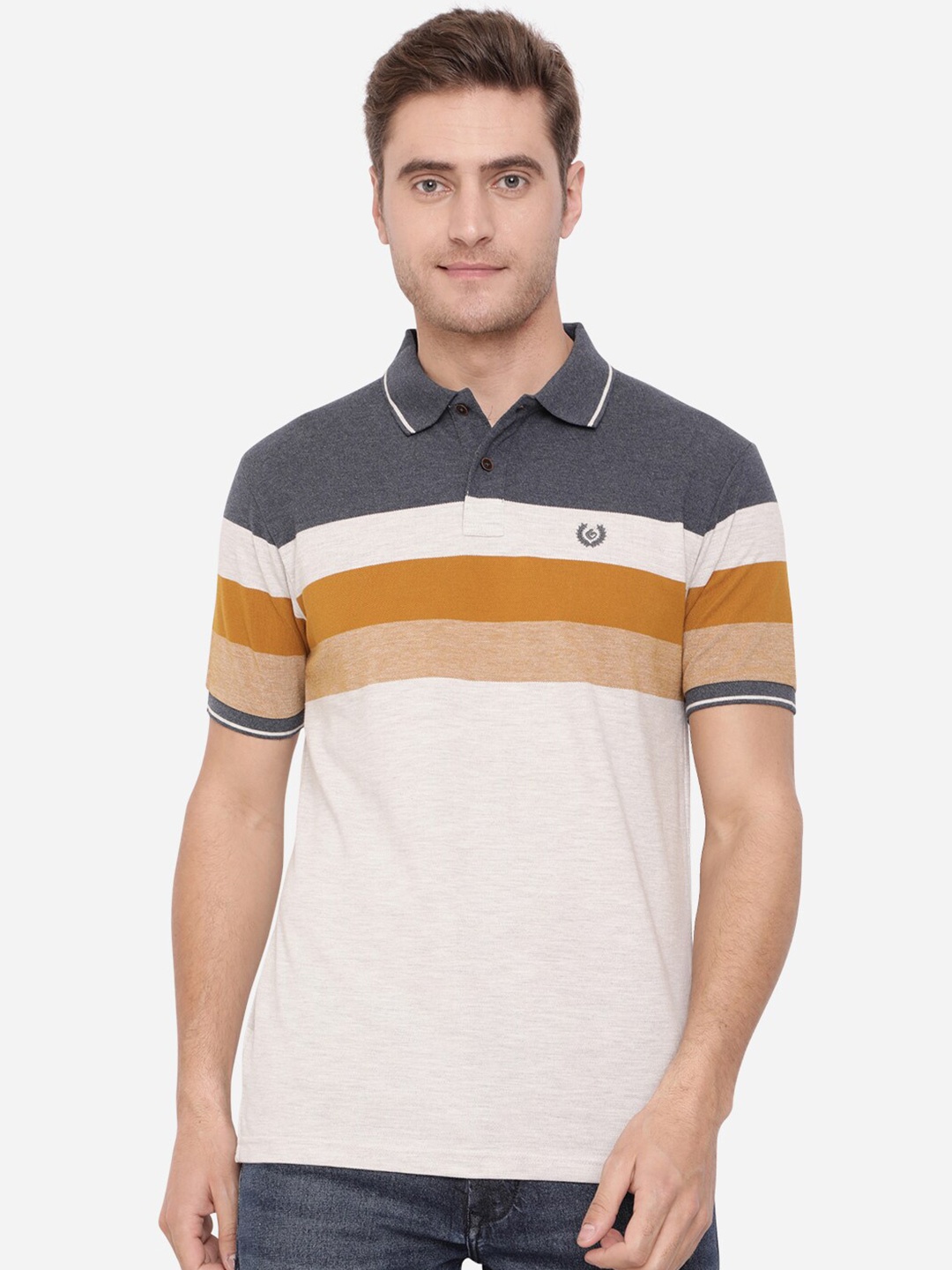 

Greenfibre Men Grey & Cream-Coloured Colourblocked Polo Collar Slim Fit T-shirt