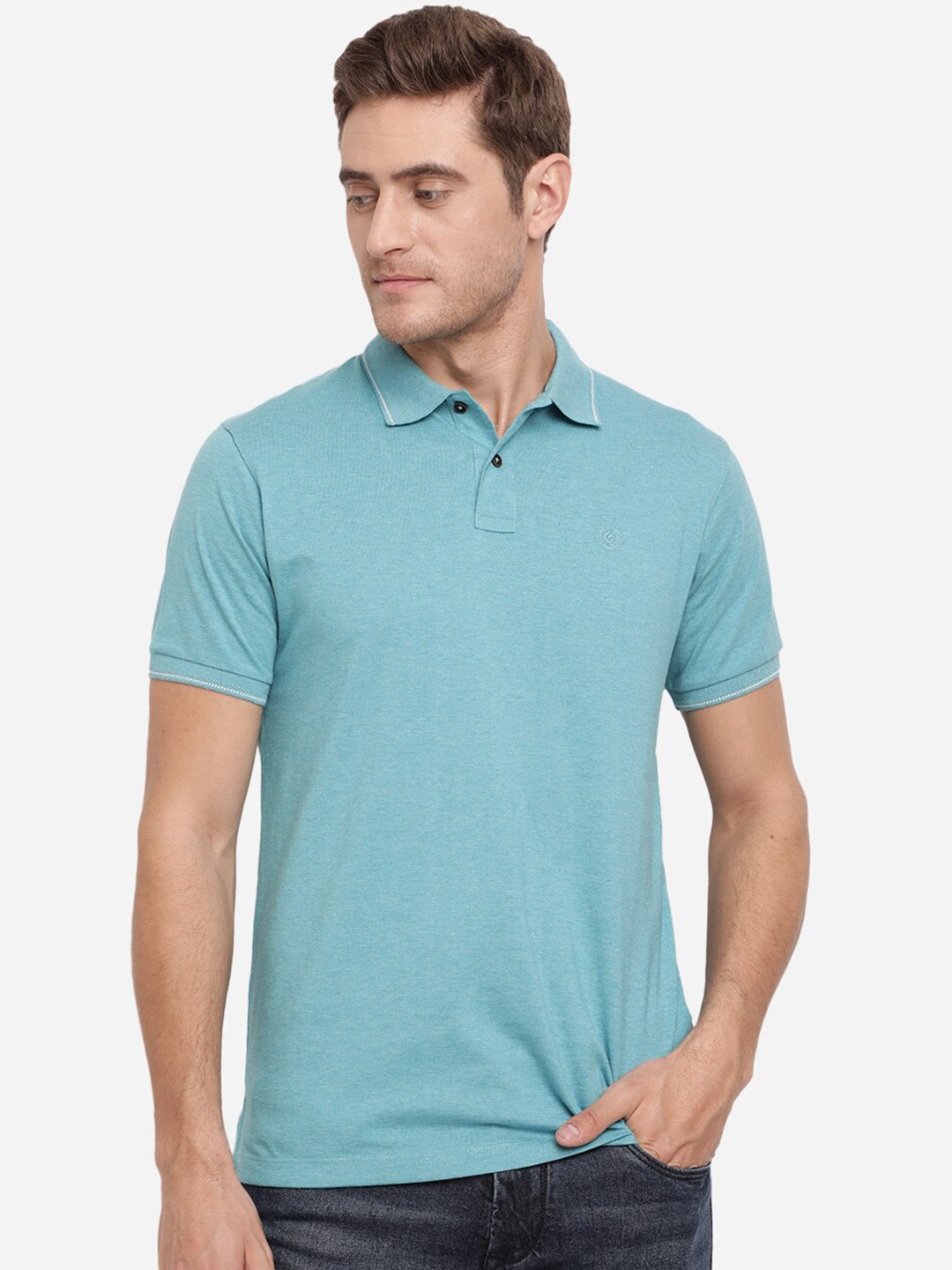 

Greenfibre Men Blue Polo Collar Slim Fit T-shirt