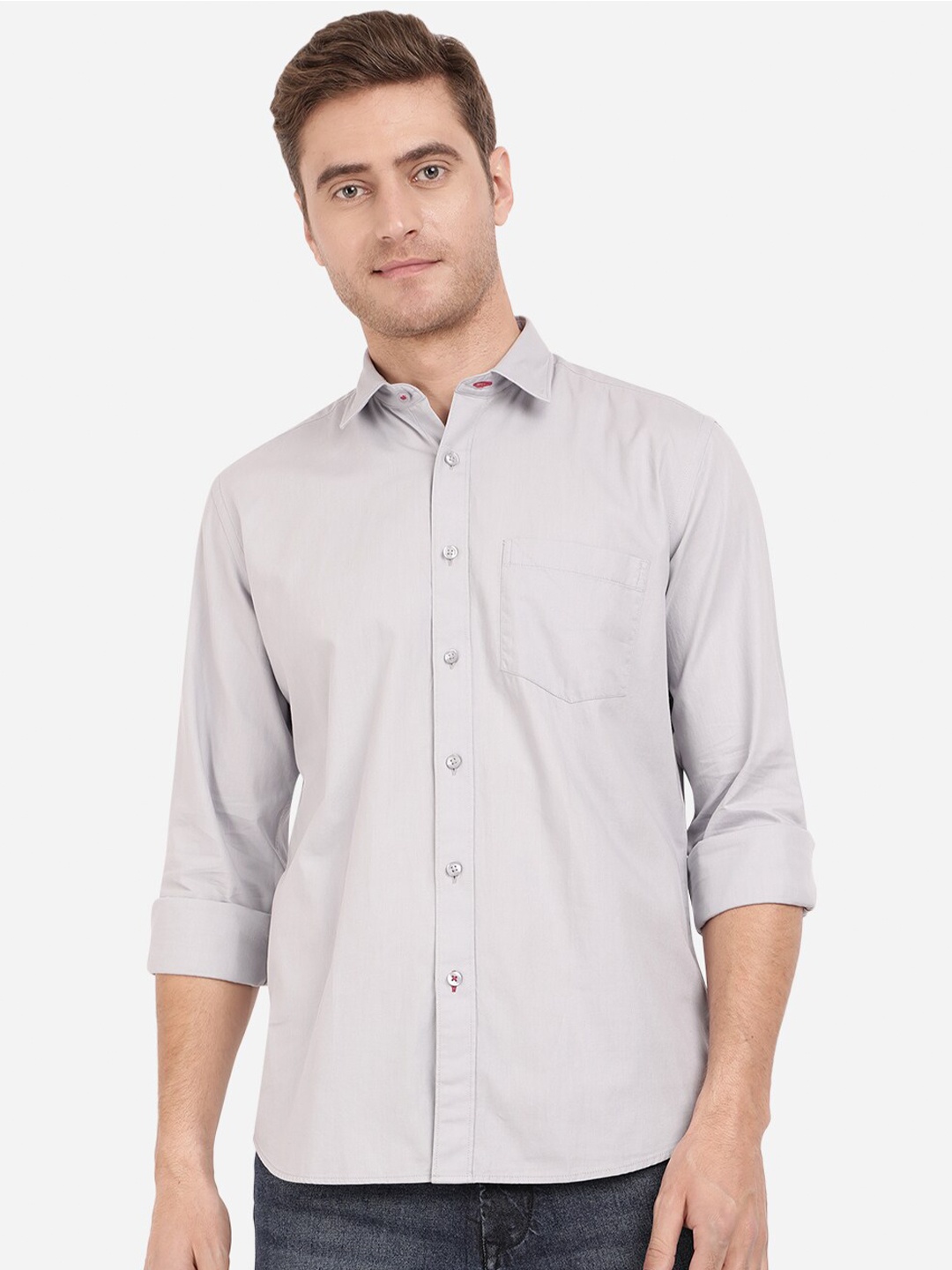 

Greenfibre Men Grey Solid Pure Cotton Slim Fit Casual Shirt
