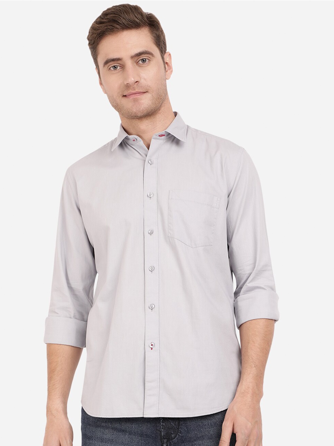 

Greenfibre Men Grey Solid Pure Cotton Slim Fit Casual Shirt