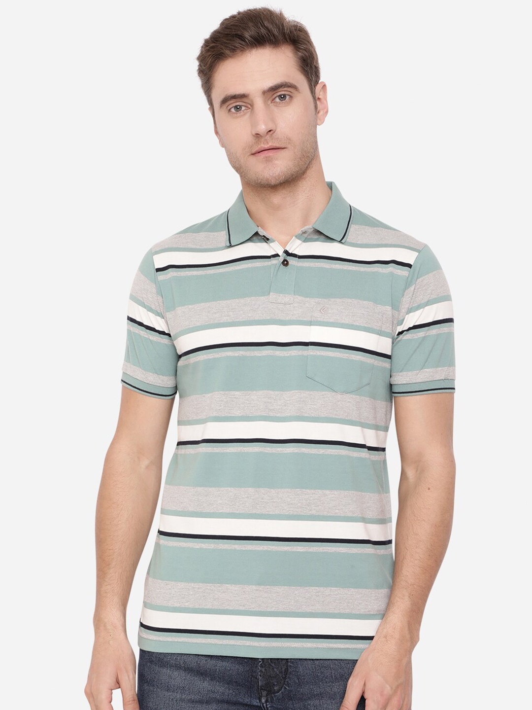 

Greenfibre Men Green & Grey Striped Polo Collar Slim Fit T-shirt