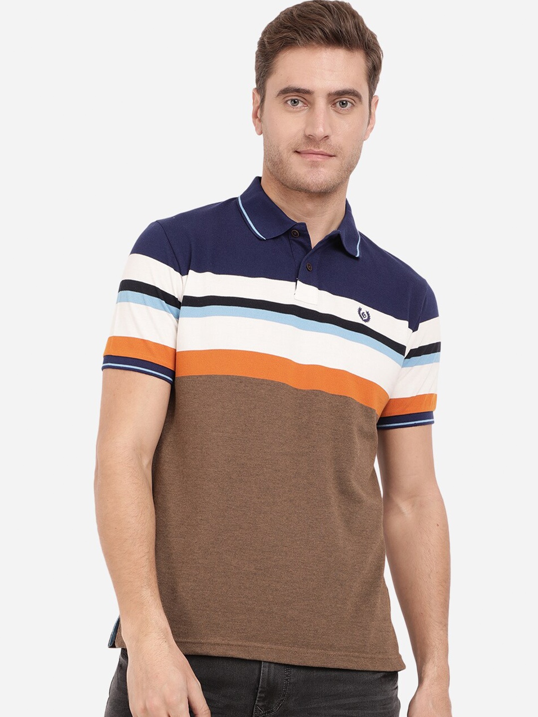 

Greenfibre Men Brown Striped Polo Collar Slim Fit T-shirt