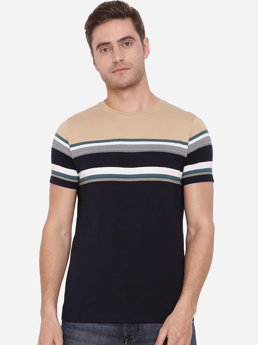 

Greenfibre Men Navy Blue & Khaki Striped Slim Fit T-shirt