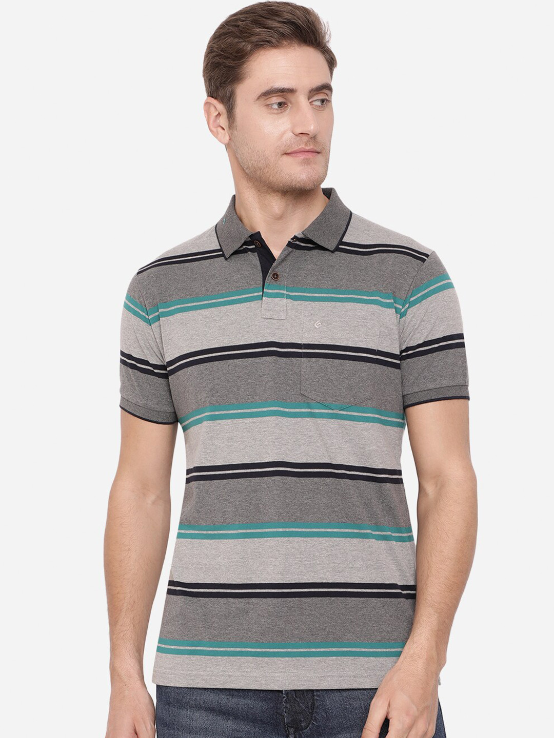 

Greenfibre Men Grey Striped Polo Collar Slim Fit T-shirt