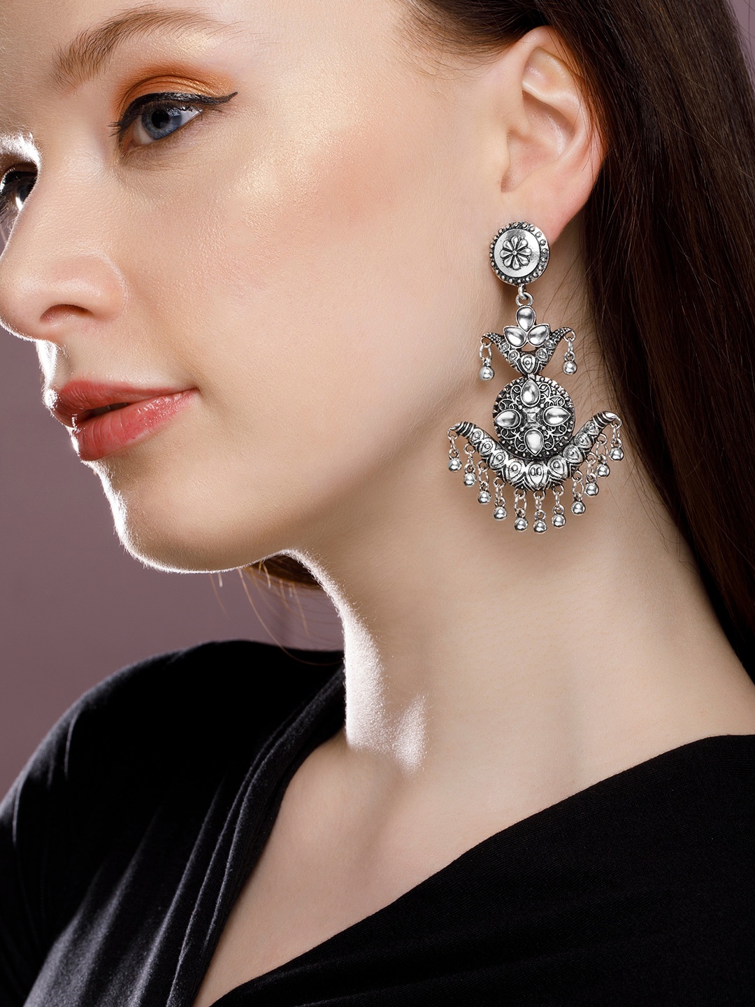 

Rubans Silver-Toned Crescent Shaped Drop Earrings