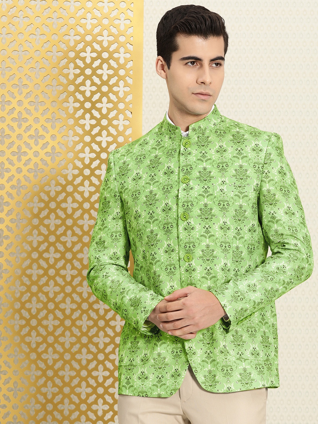 

House of Pataudi Men Lime Green Ethnic Motifs Printed Linen Bandhgala Ethnic Blazer