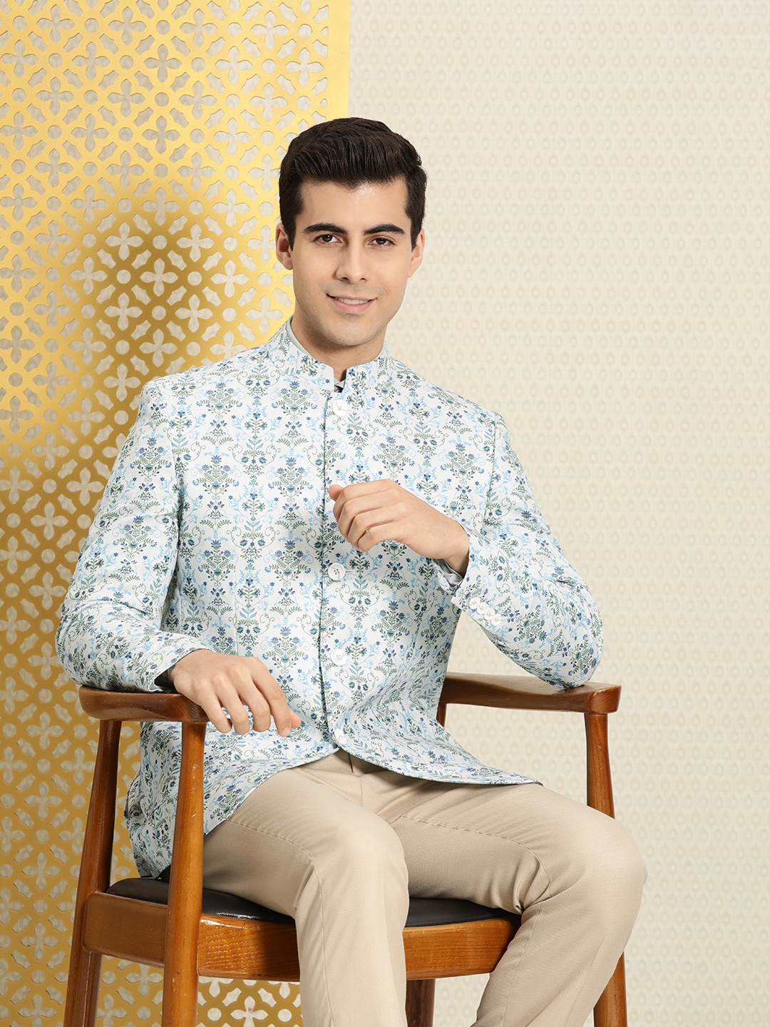 

House of Pataudi Men Off-White Ethnic Motifs Printed Linen Bandhgala Ethnic Blazer