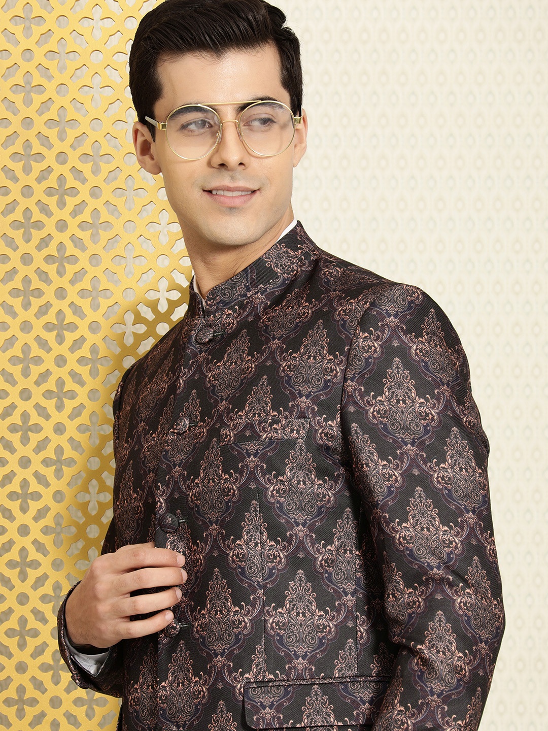 

House of Pataudi Men Olive Green & Gold-Toned Woven Design Bandhgala Jashn Blazer