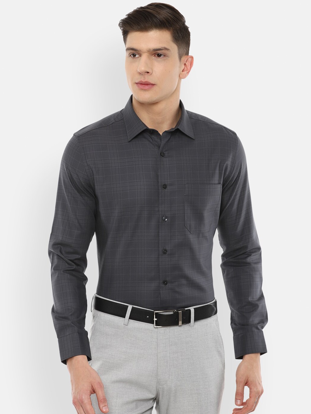 

Louis Philippe Men Grey Slim Fit Checked Formal Shirt