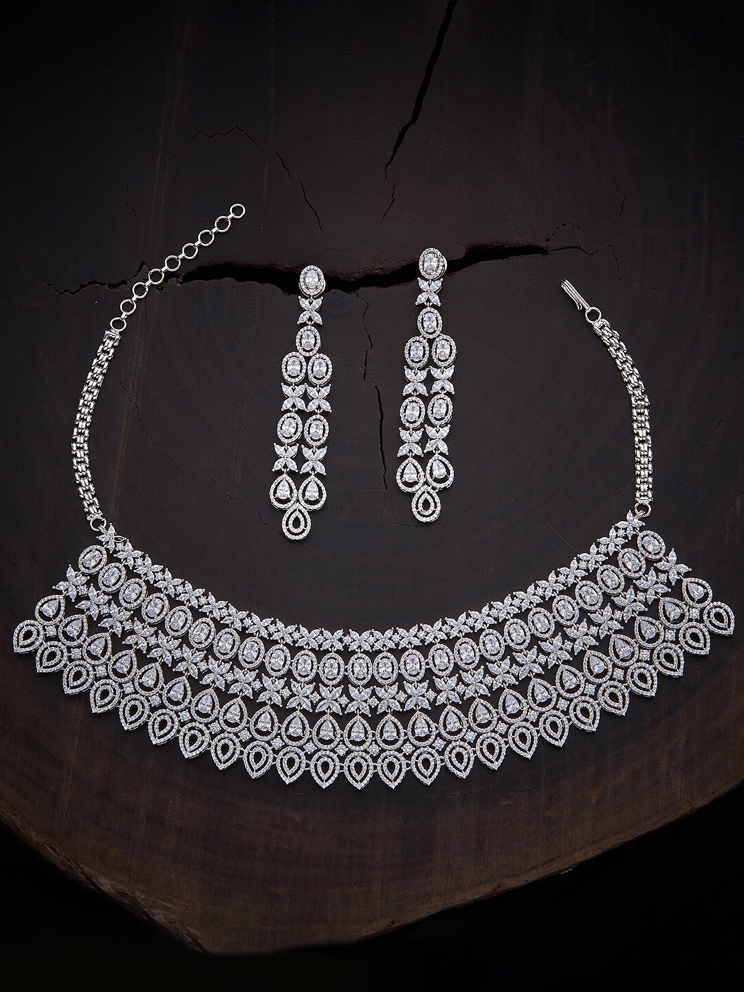 

Kushal's Fashion Jewellery White CZ-Studded Rhodium-Plated Necklace & Earrings