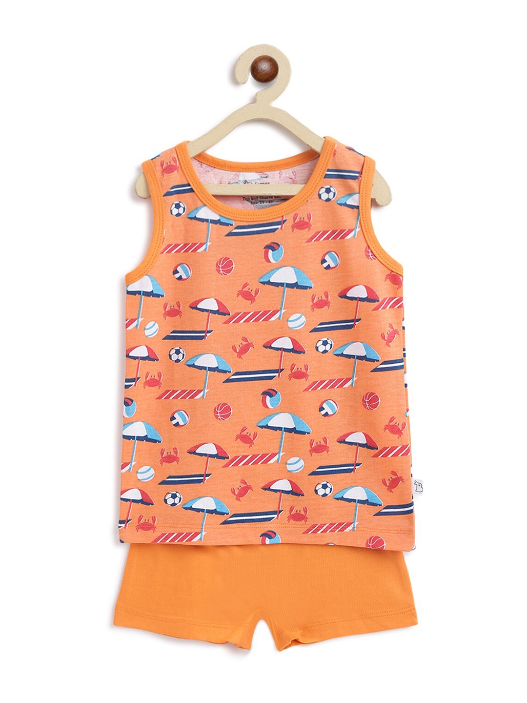 

SuperBottoms Unisex Kids Orange & Blue Printed Sustainable T-shirt with Shorts