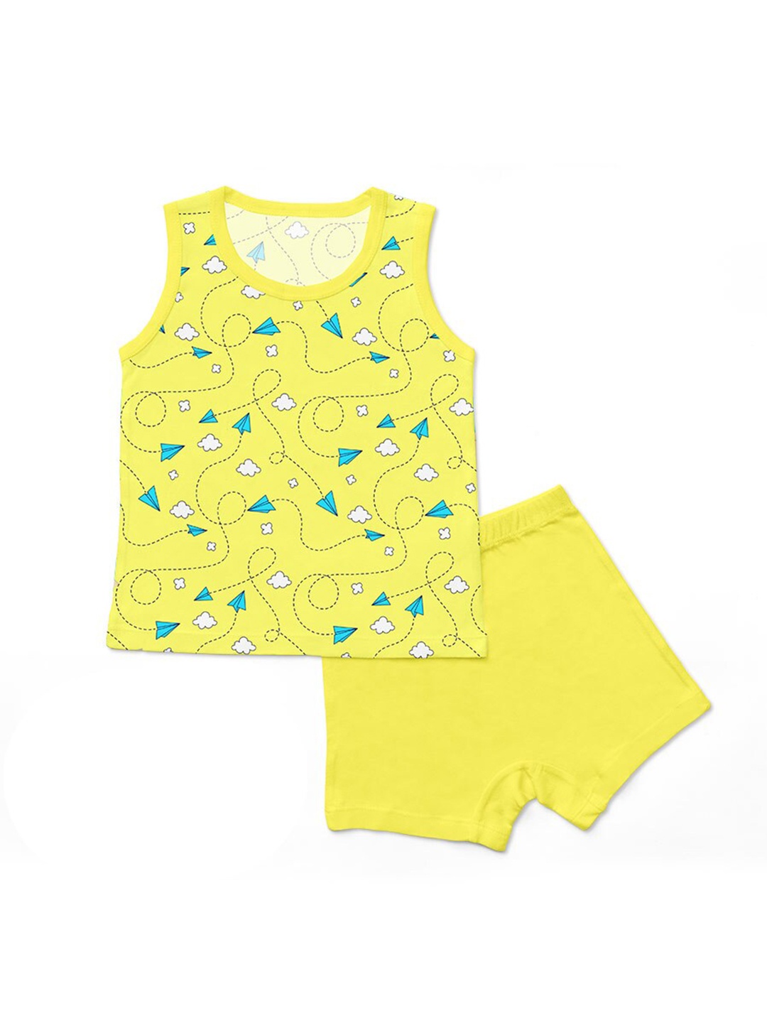 

SuperBottoms Unisex Kids Yellow & Blue Printed Sustainable T-shirt with Shorts
