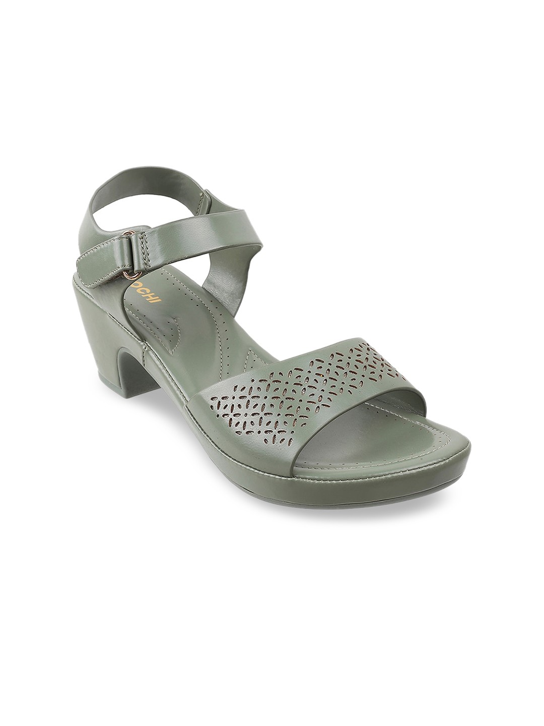 

Mochi Green Block Heels with Laser Cuts