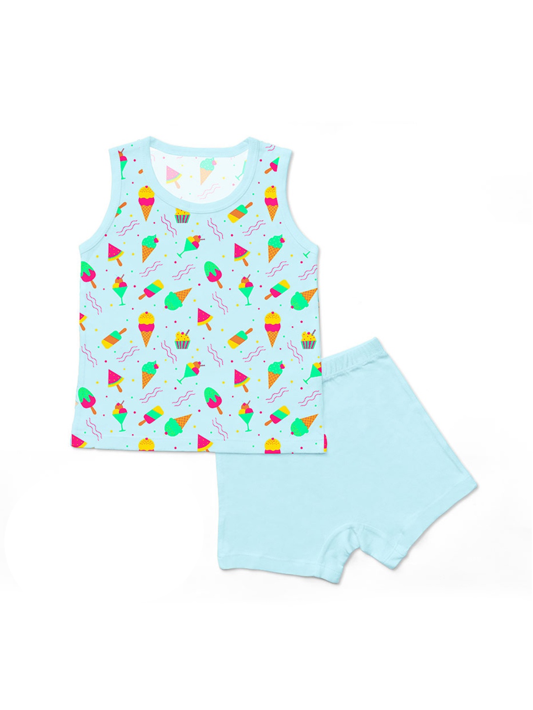 

SuperBottoms Unisex Kids Blue Printed Sustainable T-shirt with Shorts