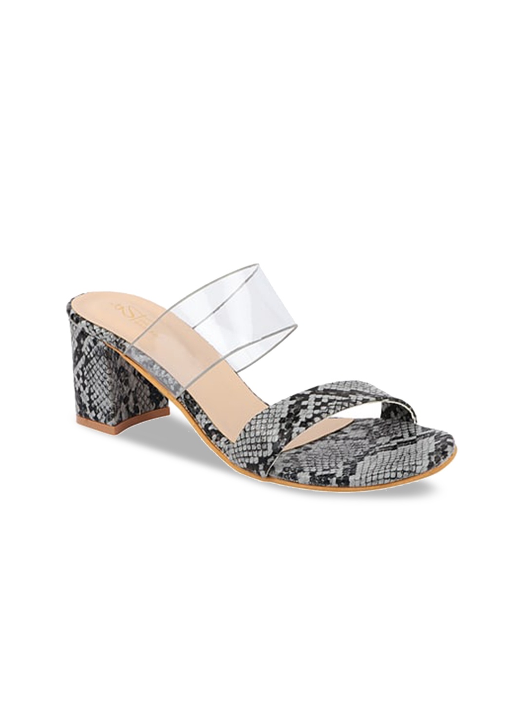 

THE WHITE POLE Grey & Transparent Animal Printed Block Heels