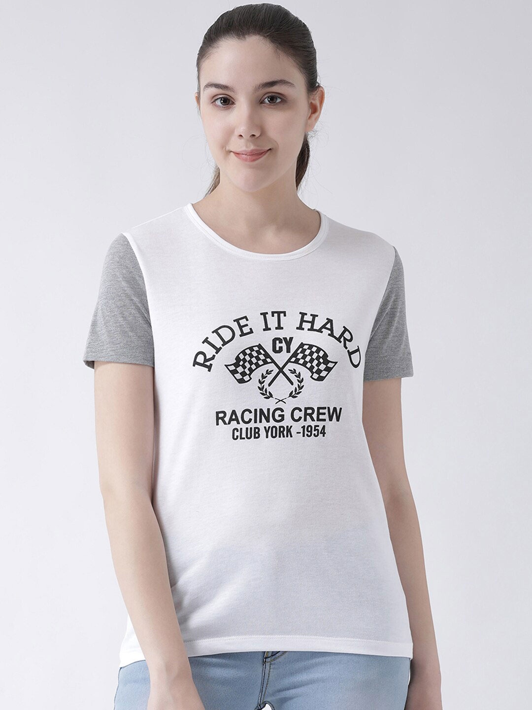 

Club York Women White Biker Printed Raw Edge T-shirt
