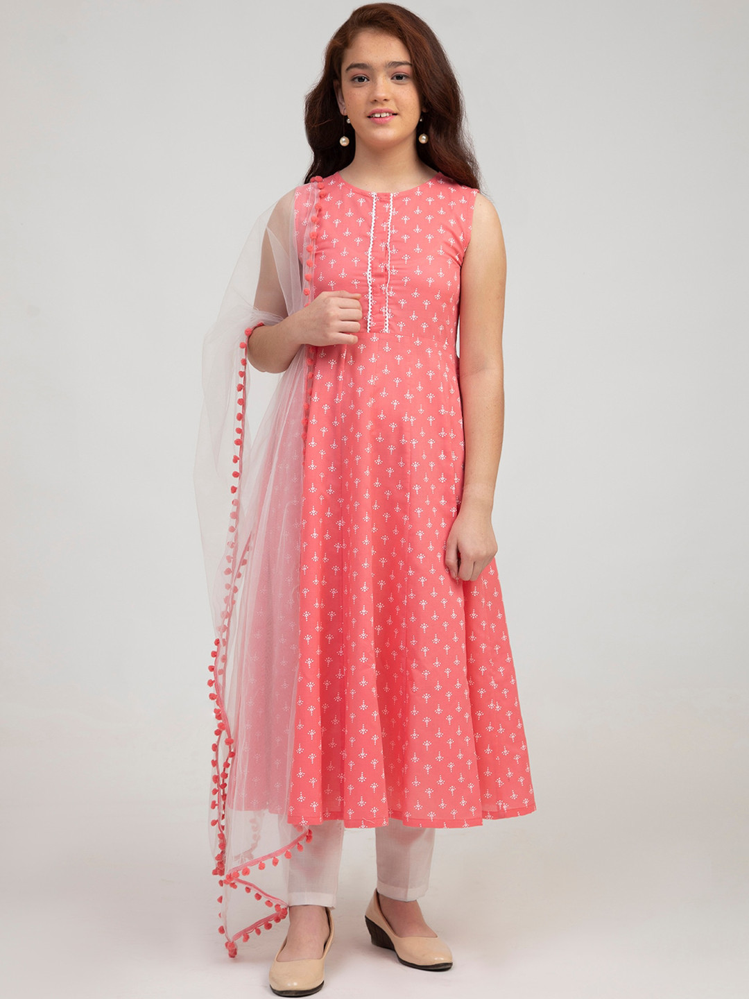

Bitiya by Bhama Girls Pink Ethnic Motifs Printed Pure Cotton Kurta with Trousers & With Dupatta