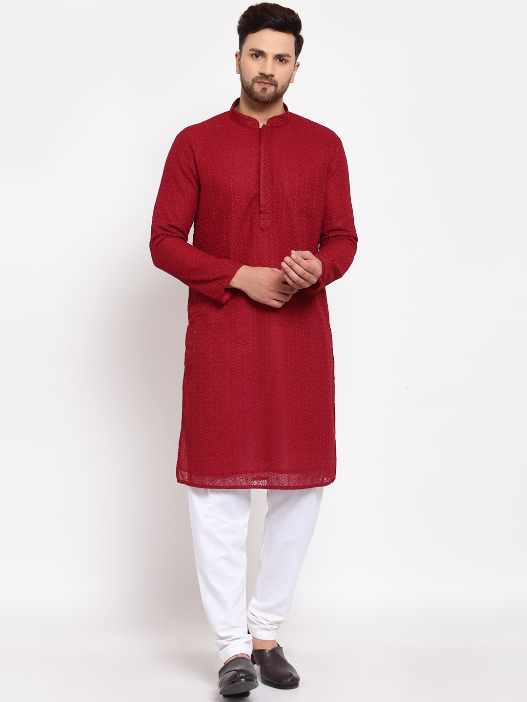 

MOHANLAL SONS Men Maroon & White Chikankari Kurta with Churidar