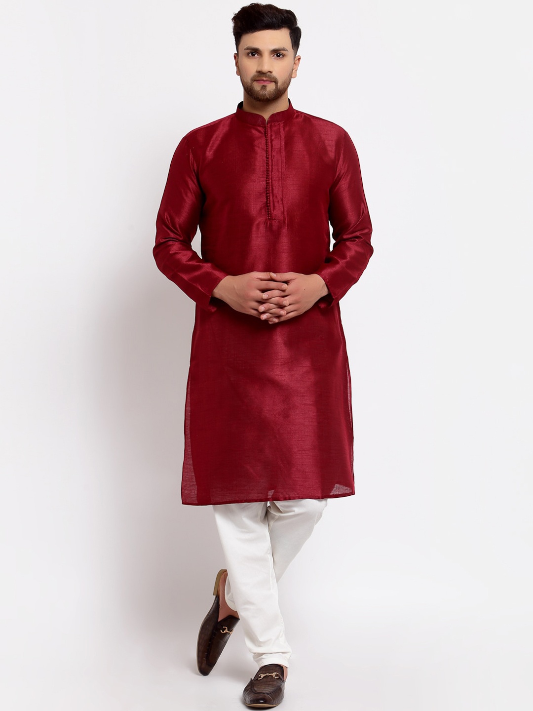

MOHANLAL SONS Men Maroon & White Dupion Silk Kurta with Churidar