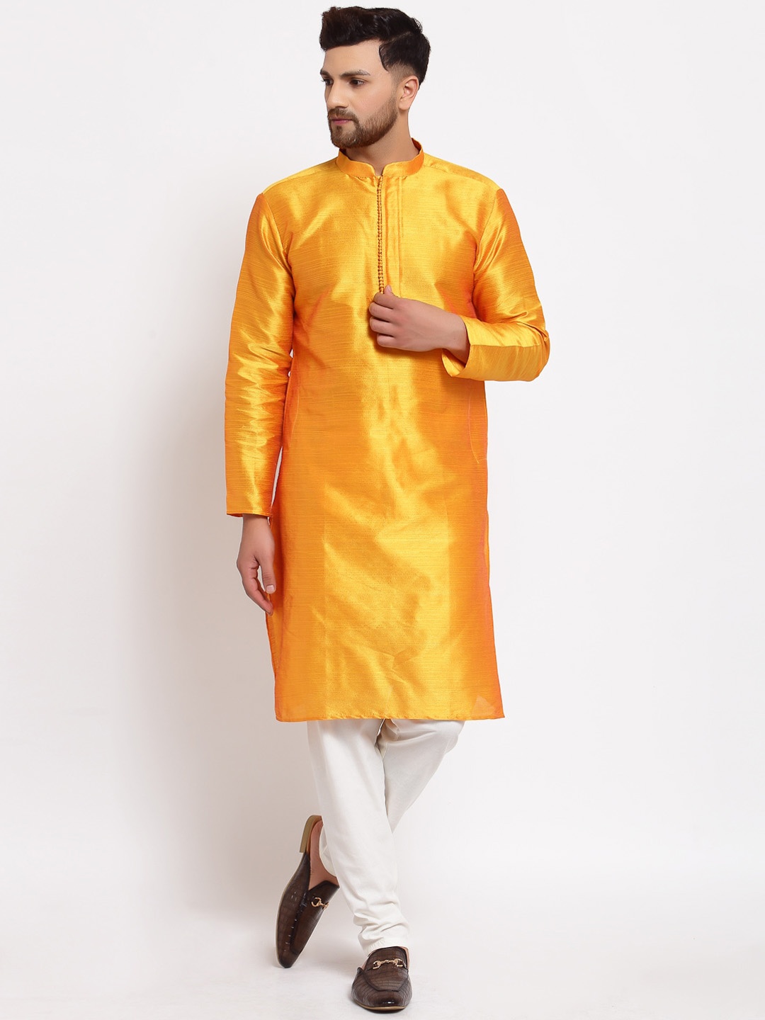 

MOHANLAL SONS Men Yellow & White Dupion Silk Kurta with Churidar