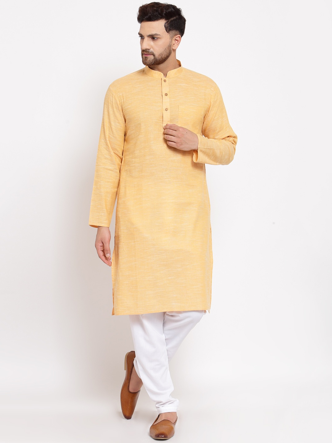 

MOHANLAL SONS Men Mustard Yellow & White Solid Pure Cotton Kurta with Pyjamas