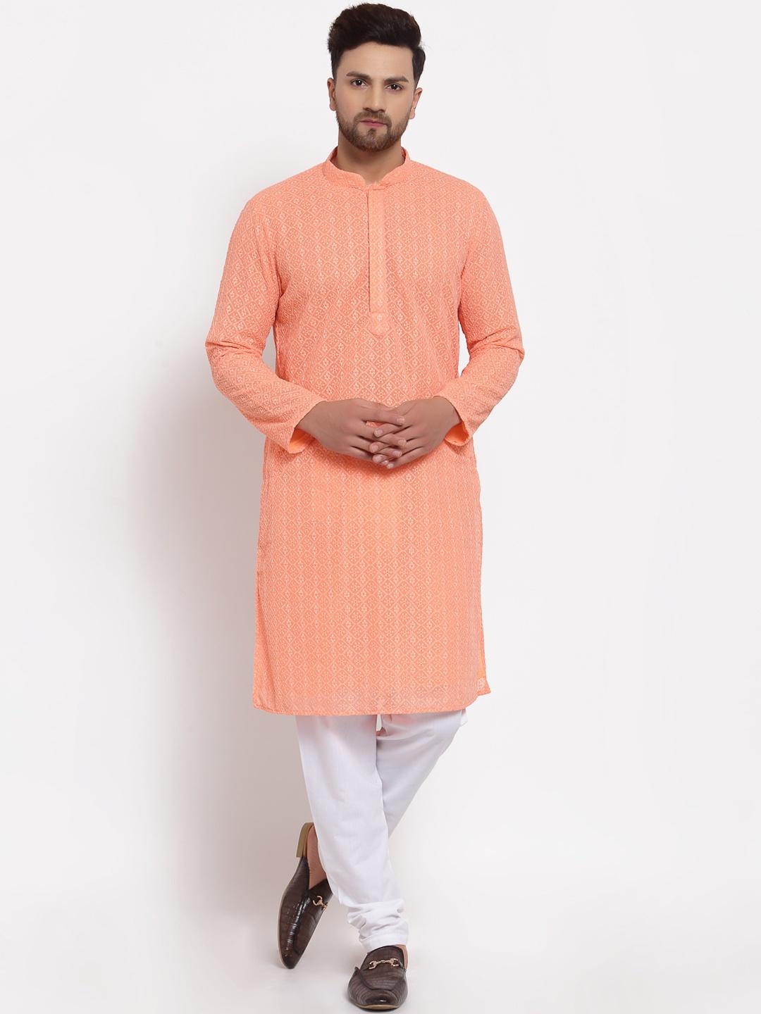 

MOHANLAL SONS Men Peach & White Embroidered Kurta with Churidar