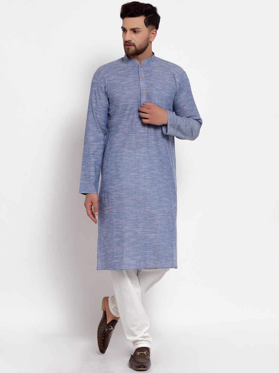 

MOHANLAL SONS Men Blue & Off White Pure Cotton Kurta with Churidar