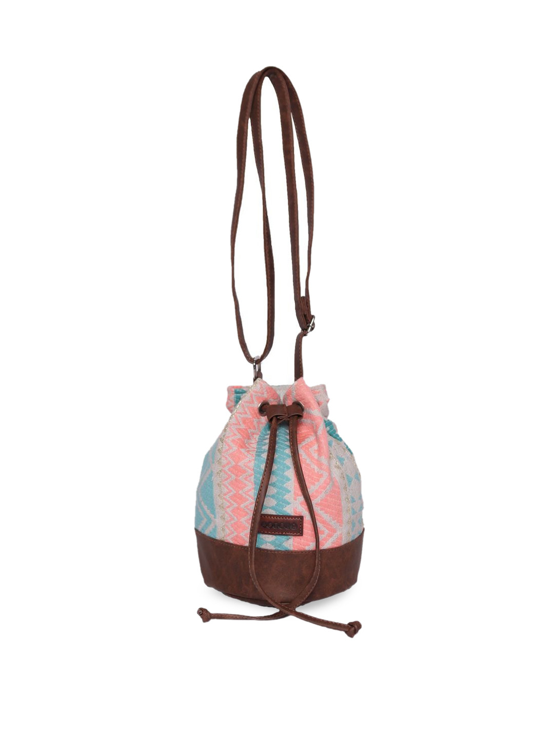 

ASTRID Peach-Coloured & Blue Geometric Self Design Bucket Sling Bag