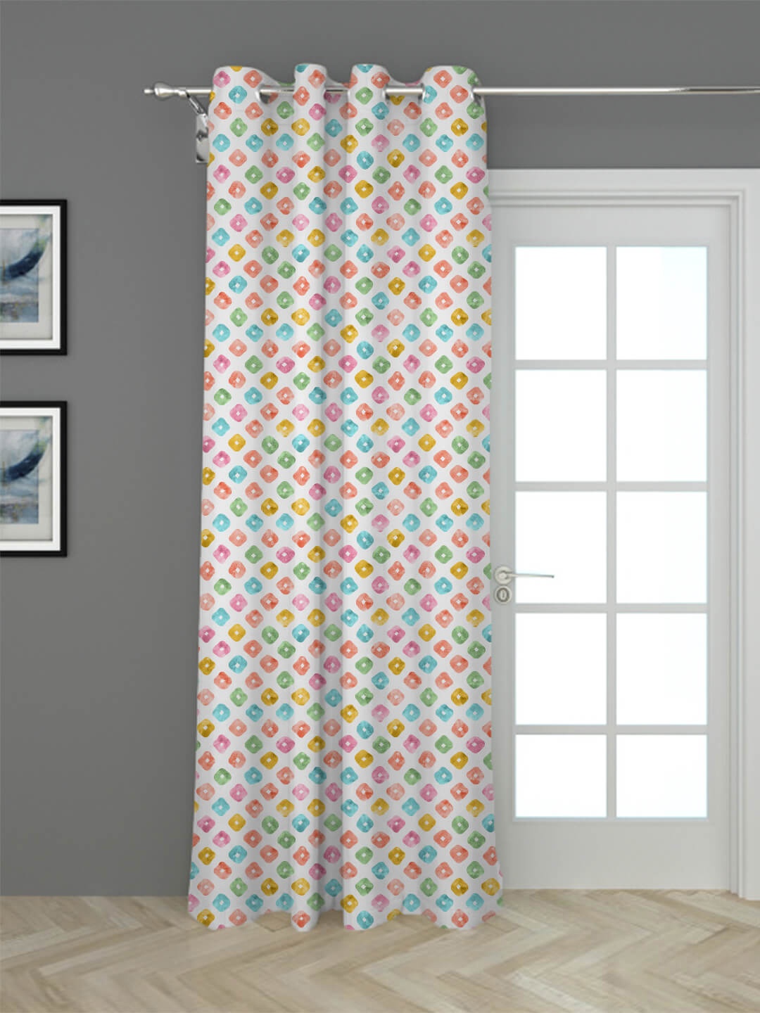 

HOUZZCODE White & Green Geometric Black Out Door Curtain